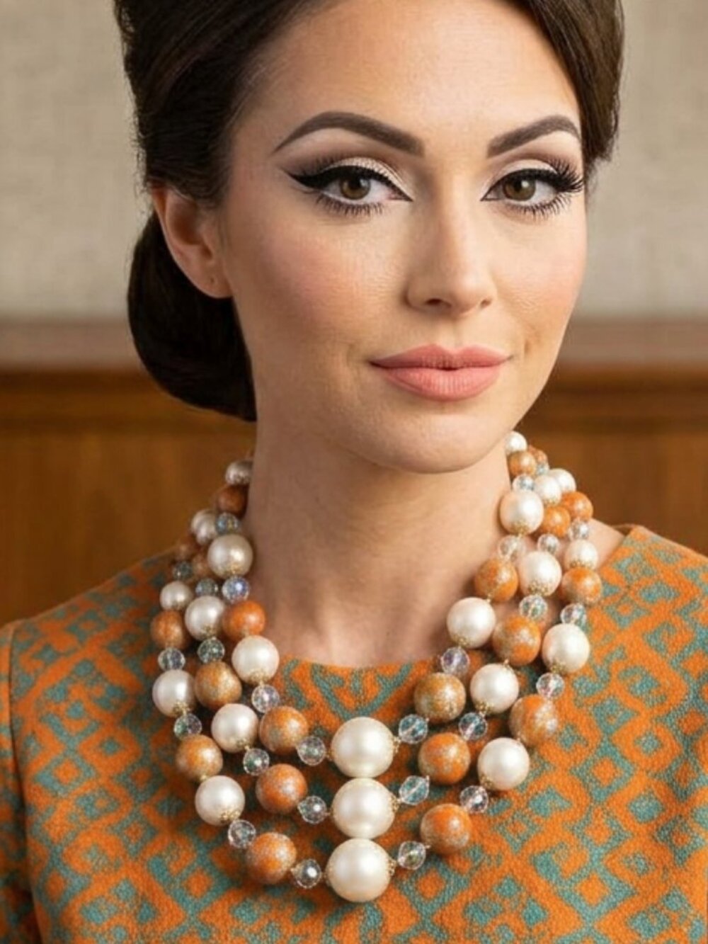 Vintage 1950’s Orange White AB Glass 3 strand Necklace Japan Signed xlarge beads